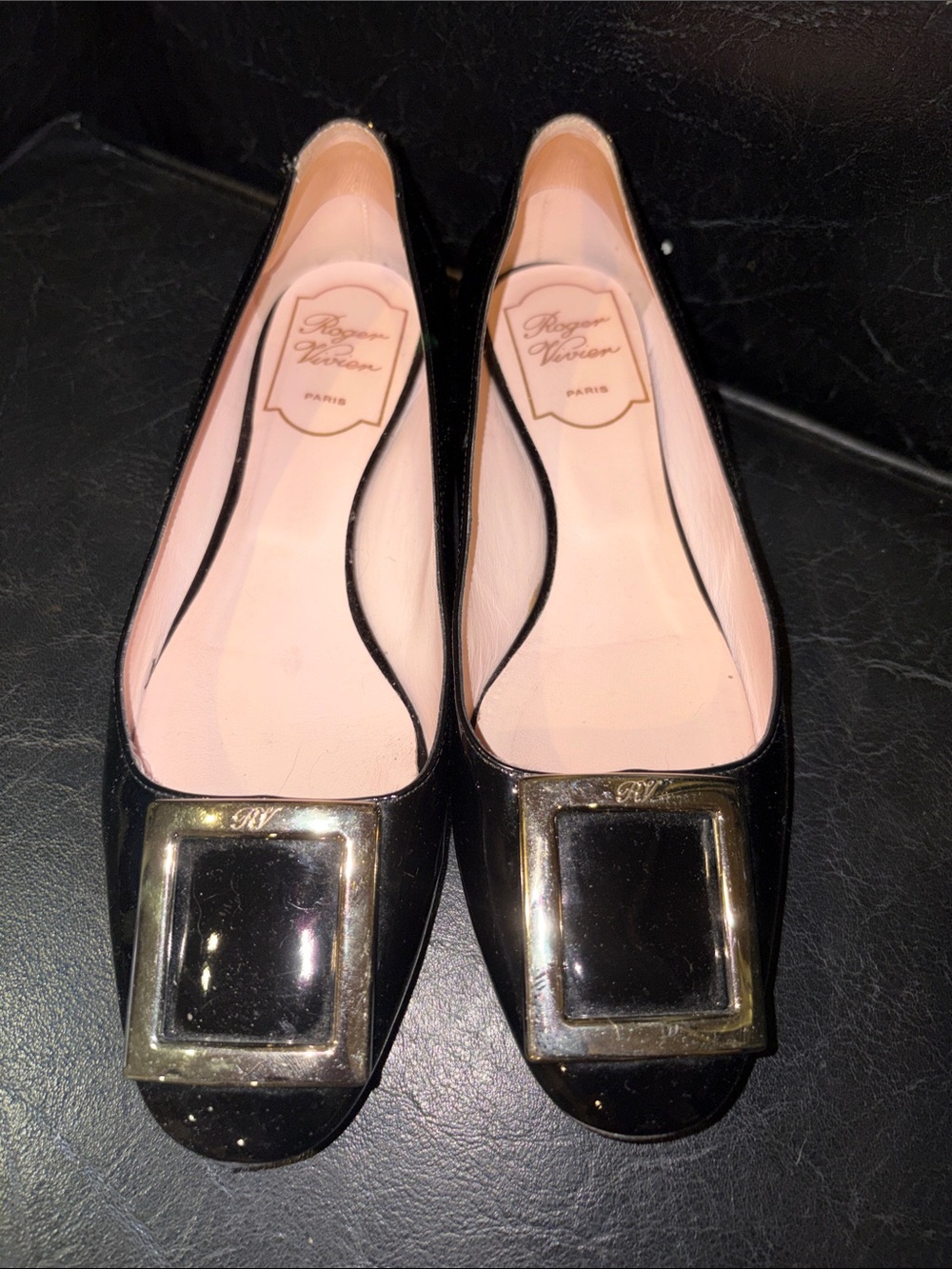 Roger Vivier Black Patent Flats with Gold Square Buckle